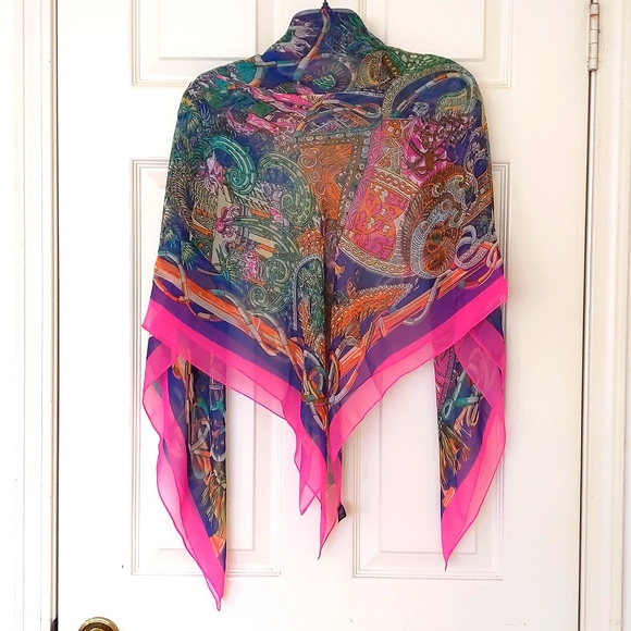 NWOT. 100% Silk Scarf with multi color patterns. - Picture 3 of 4